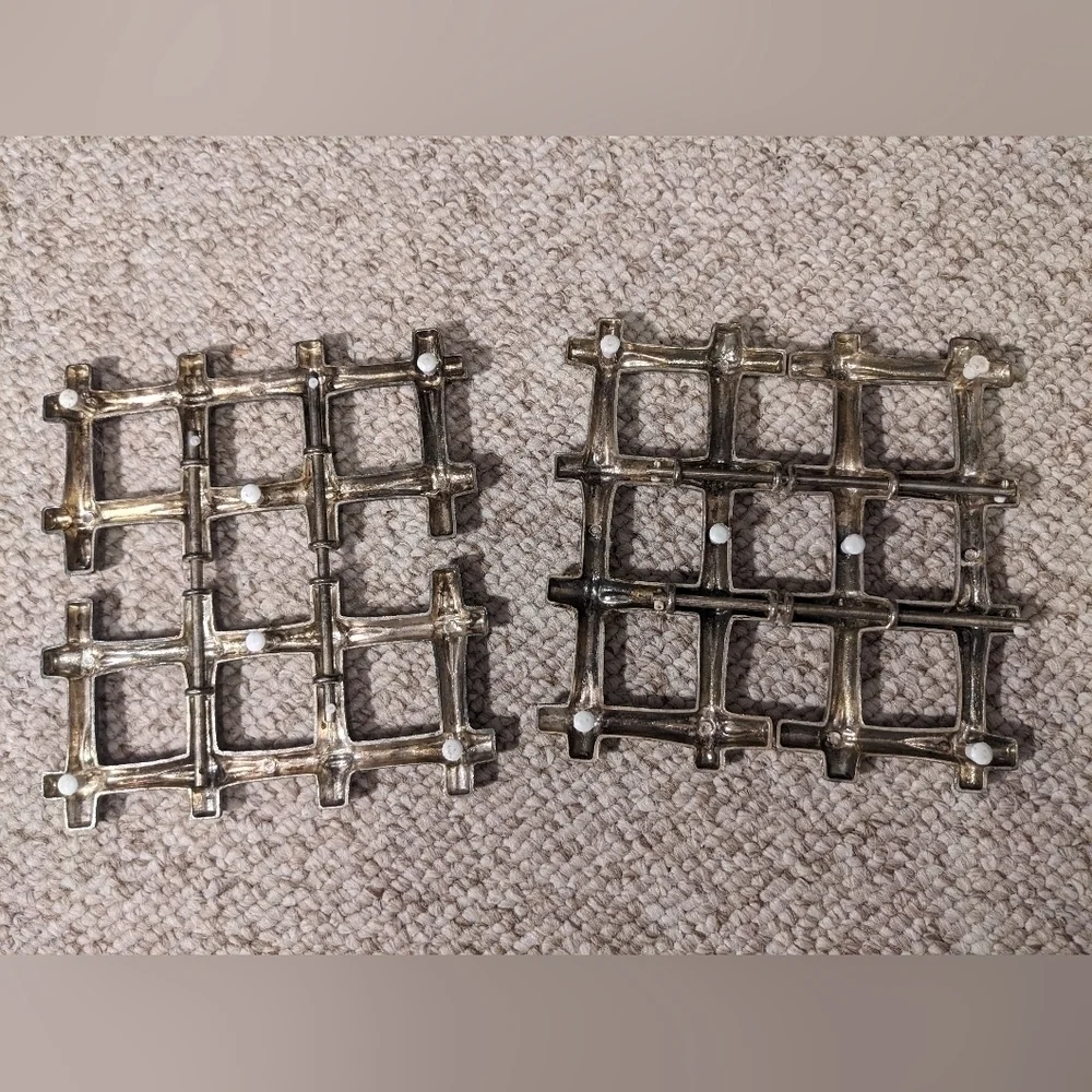 Vintage bamboo inspired expanding trivets, silver toned